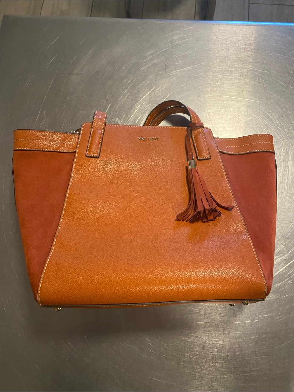 Nine West Two-Tone Rust and Brick Tote with Tassel